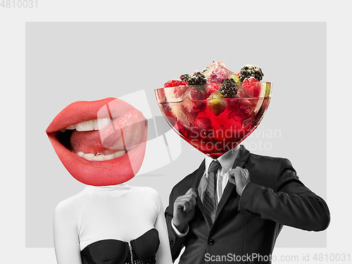Image of Contemporary art collage, modern design. Retro style. Couple headed with tasty cocktail with berries and big female mouth on pastel background