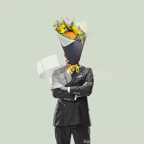 Image of Contemporary art collage, modern design. Retro style. Man headed with bouquet of beautiful spring flowers on pastel background