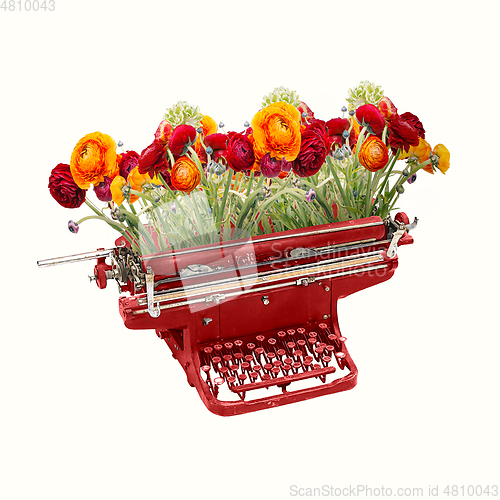 Image of Contemporary art collage, modern design. Retro style. Red typewriter with bouquet of bright spring flowers on pastel background