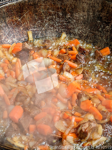 Image of gourmet beef stew cooked in cauldron on outdoor fire pit