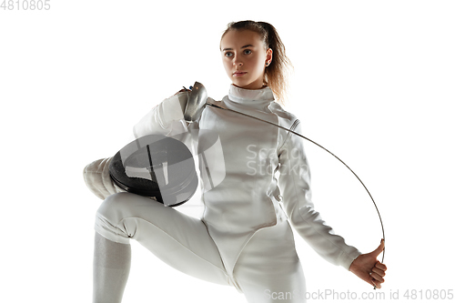 Image of Teen girl in fencing costume with sword in hand isolated on white background