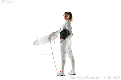 Image of Teen girl in fencing costume with sword in hand isolated on white background