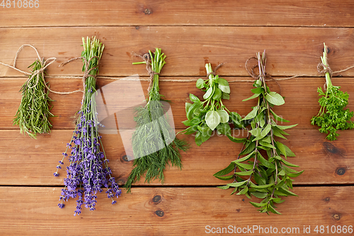 Image of greens, spices or medicinal herbs on wood