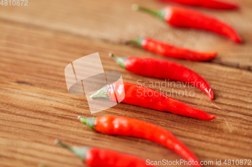 Image of red chili or cayenne pepper on wooden boards