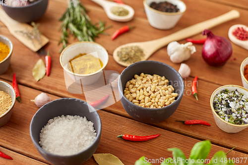 Image of spices, onion, garlic, pine nuts and chili peppers