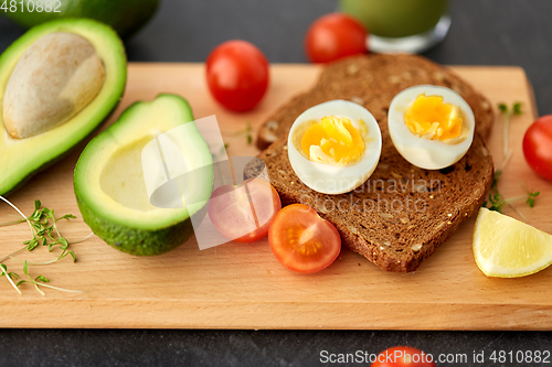 Image of toast bread with eggs, cherry tomatoes and avocado