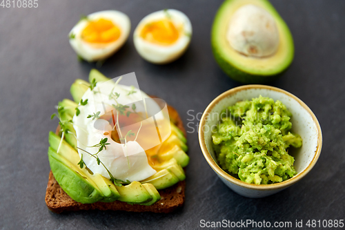 Image of toast bread with avocado, pouched egg and greens