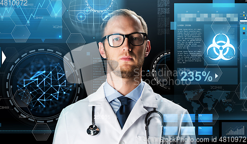 Image of doctor with stethoscope and virtual projections