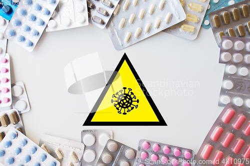 Image of coronavirus caution sign and drugs in pills