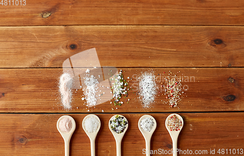 Image of spoons with salt and spices on wooden table