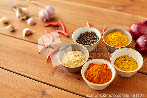 Image of spices, onion, garlic and red hot chili peppers