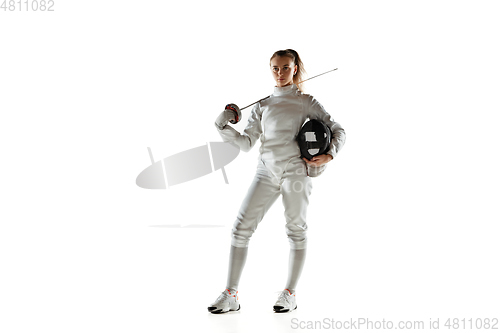 Image of Teen girl in fencing costume with sword in hand isolated on white background