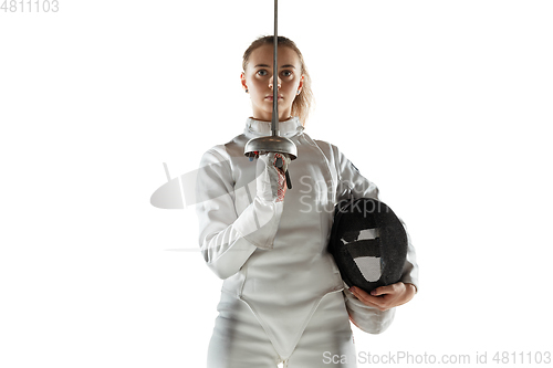 Image of Teen girl in fencing costume with sword in hand isolated on white background