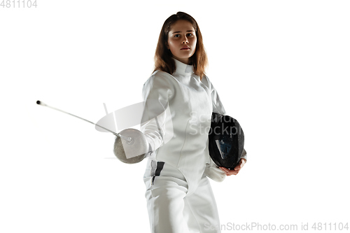 Image of Teen girl in fencing costume with sword in hand isolated on white background