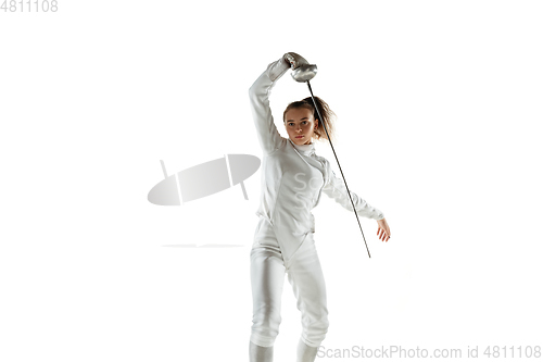 Image of Teen girl in fencing costume with sword in hand isolated on white background