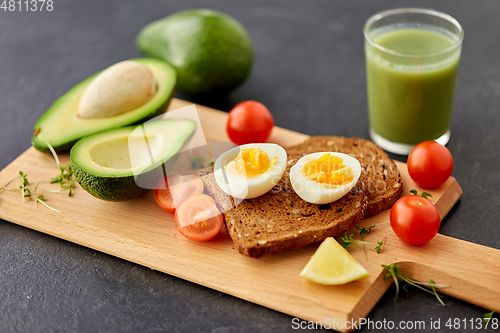 Image of toast bread with eggs, cherry tomatoes and avocado