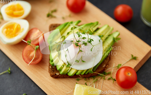 Image of toast bread with avocado, eggs and cherry tomatoes