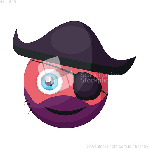 Image of Pirate pink round emoji with eye patch and pirate hat vector ill