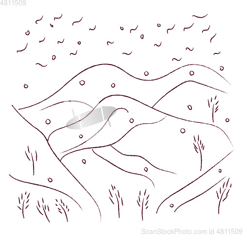 Image of Hilly area with birds landscape drawings vector or color illustr