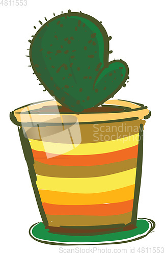 Image of Painting of a green cactus plant in a colorful pot vector color 