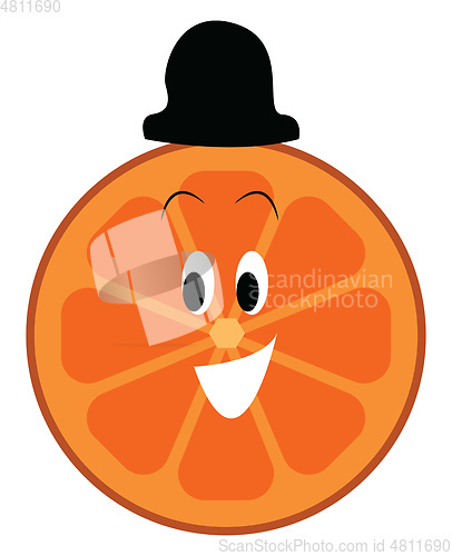 Image of Happy faced orange slice with black hat vector illustration on a