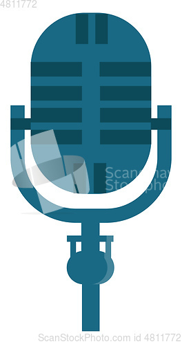 Image of A blue microphone mounted on a small stand either to speak or re