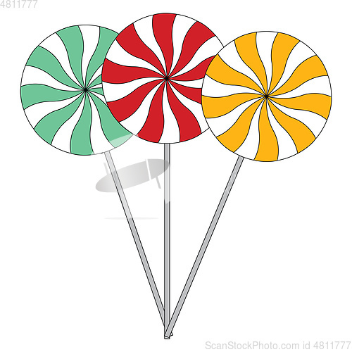 Image of A blue a red and a yellow lollipop vector illustration on white 
