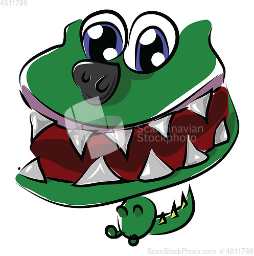 Image of Face of a green baby dinosaur with its mouth wide opened vector 