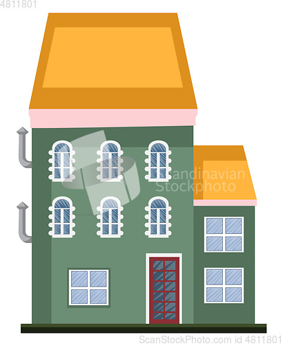 Image of Cartoon green building with yellow roof vector illustartion on w