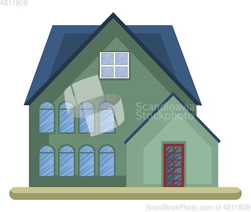 Image of Cartoon green building with blue roof vector illustartion on whi