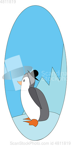 Image of A cute cartoon penguin with a black hat standing on white snow v