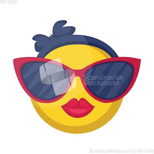 Image of Round female emoji yellow face with pink lips and big sunglasses