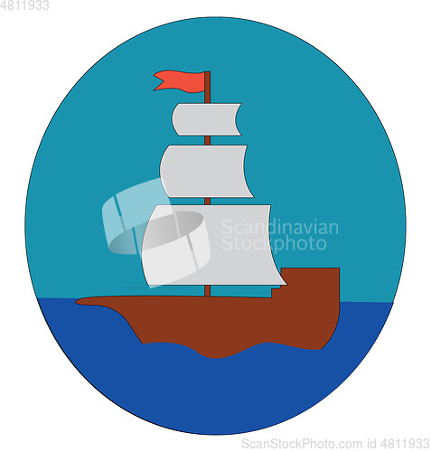 Image of Vintage sailor ship floating on blue water vector or color illus
