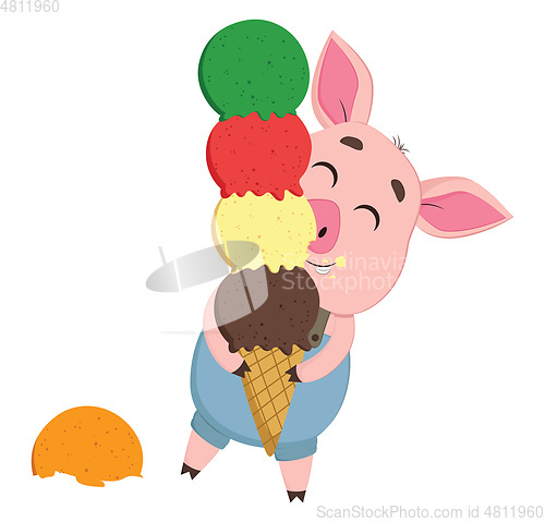 Image of A cute little cartoon pig enjoying a multi-layered colorful cone