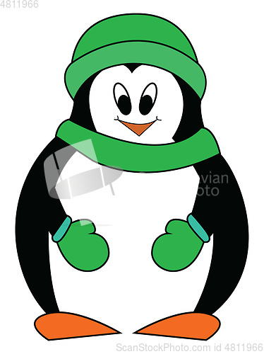 Image of Smiling penguine with green hat scarf and mittens vector illustr