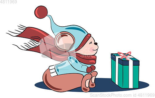 Image of Mouse waiting to open present vector or color illustration