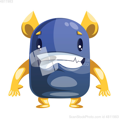 Image of Blue and yellow cartoon monster smiling white background vector 