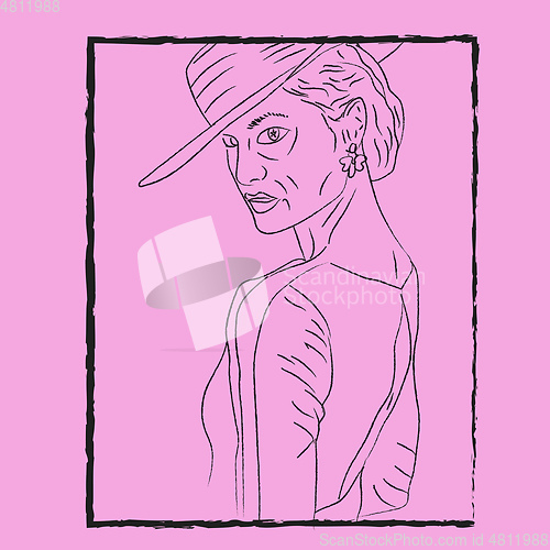 Image of Line art of a woman wearing a stylish hat over purple background