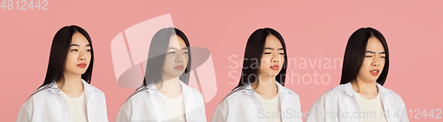 Image of Evolution of emotions. Asian young woman\'s portrait on pink studio background. Concept of human emotions, facial expression, youth, sales, ad.