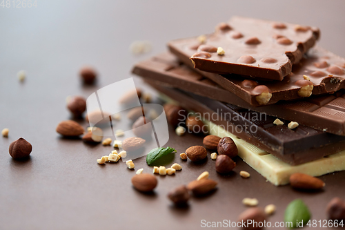 Image of close up of different chocolate bars and nuts