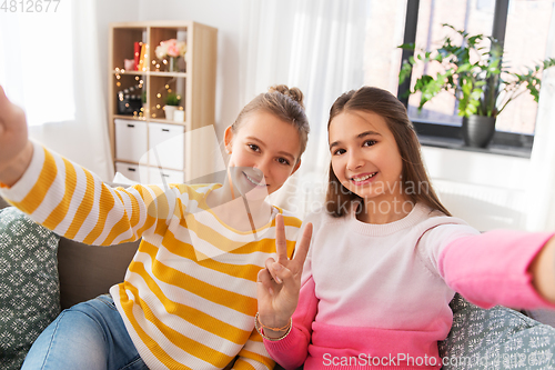 Image of happy teenage girls taking selfie at home