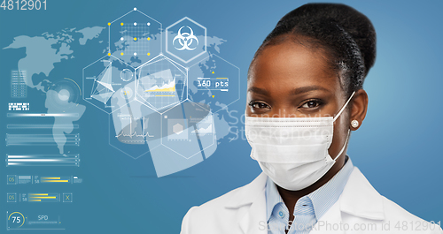 Image of doctor in medical mask over world pandemia map