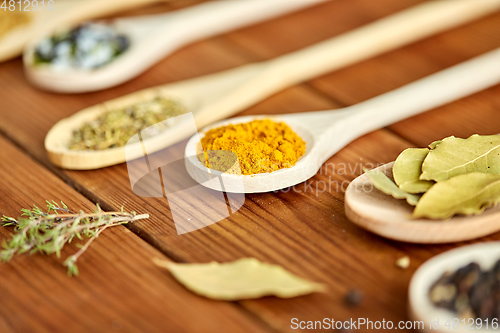 Image of spoons with different spices on wooden table