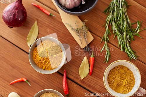 Image of spices, onion, garlic and red hot chili peppers