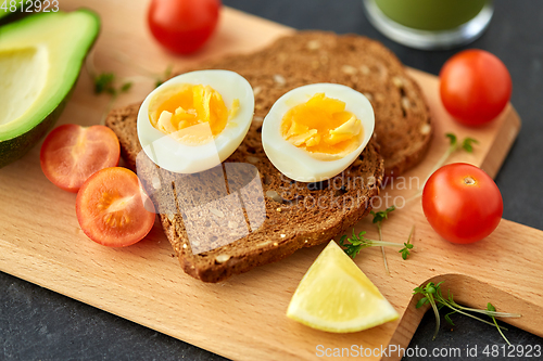 Image of toast bread with eggs, cherry tomatoes and avocado
