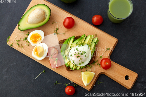 Image of toast bread with avocado, eggs and cherry tomatoes
