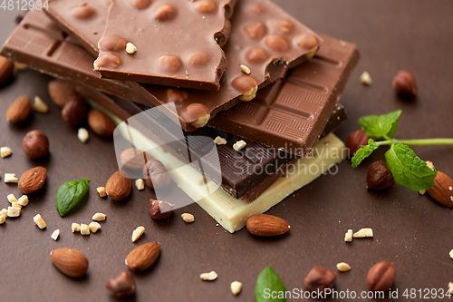 Image of close up of different chocolate bars and nuts