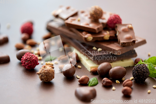 Image of close up of different chocolates, candies and nuts