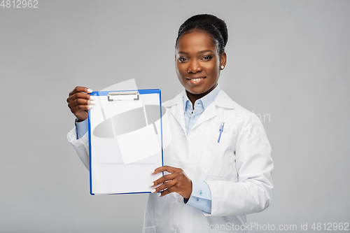 Image of african american female doctor with clipboard