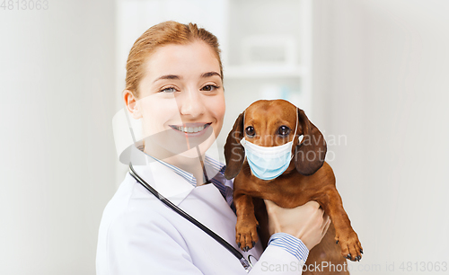 Image of doctor with dog in medical mask at vet clinic